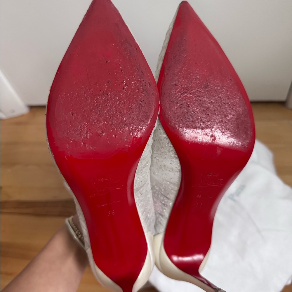 SOLD ‼️Christian Louboutin Kate Draperia 85 White Glitter Tulle Bridal Low Heel - Picture 13 of 16